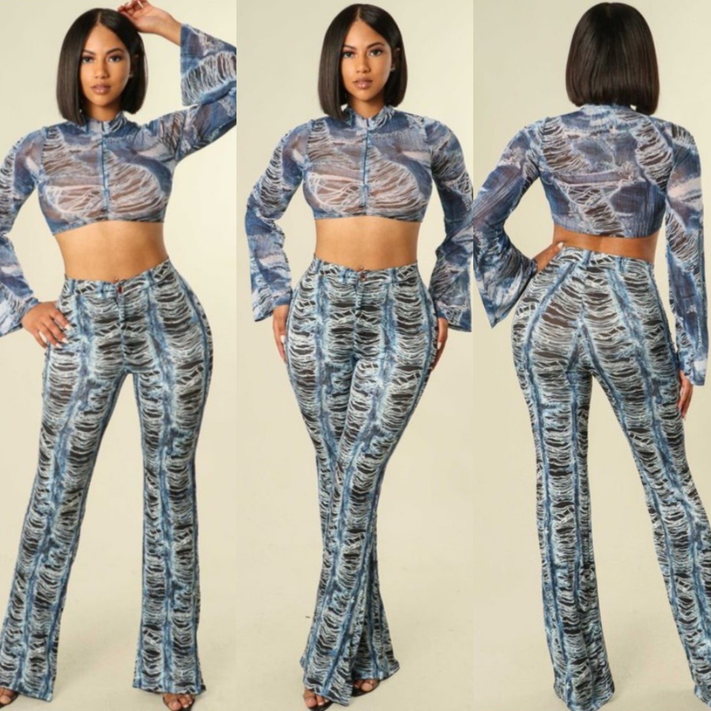 Two piece denim print crop & pants.