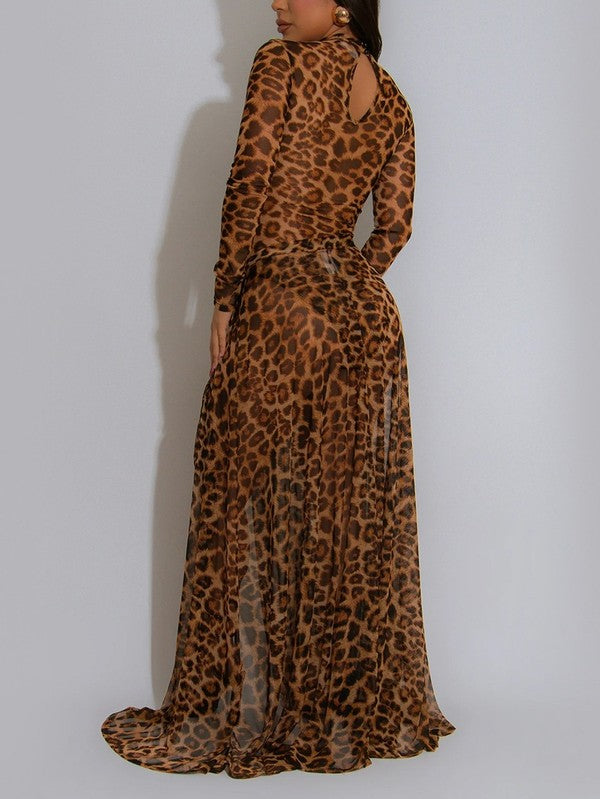 Leopard Print Sheer Mesh High Slit Dress