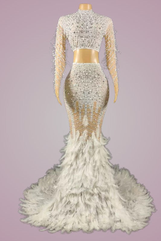 Sparkling Rhinestone Feather Evening Gown