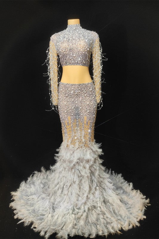 Sparkling Rhinestone Feather Evening Gown