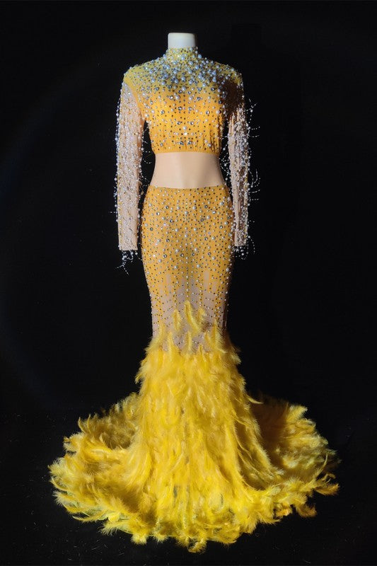Sparkling Rhinestone Feather Evening Gown