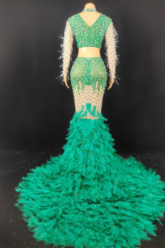 Sparkling Rhinestone Feather Evening Gown