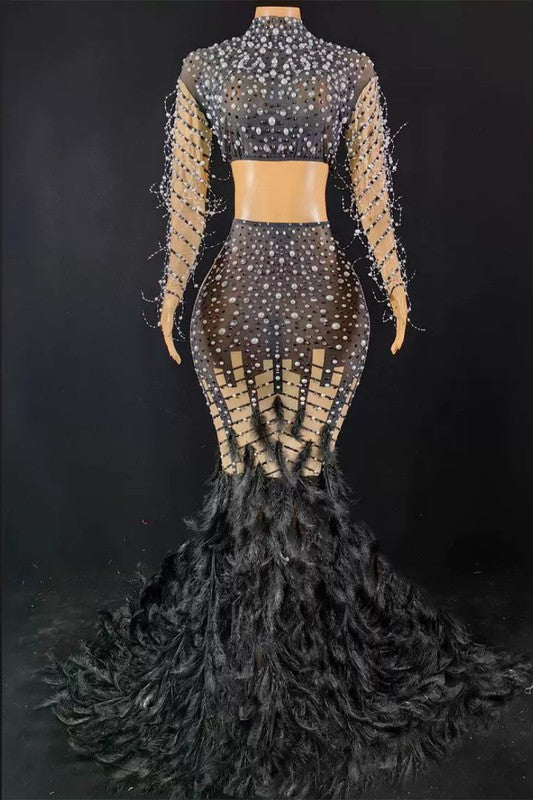 Sparkling Rhinestone Feather Evening Gown