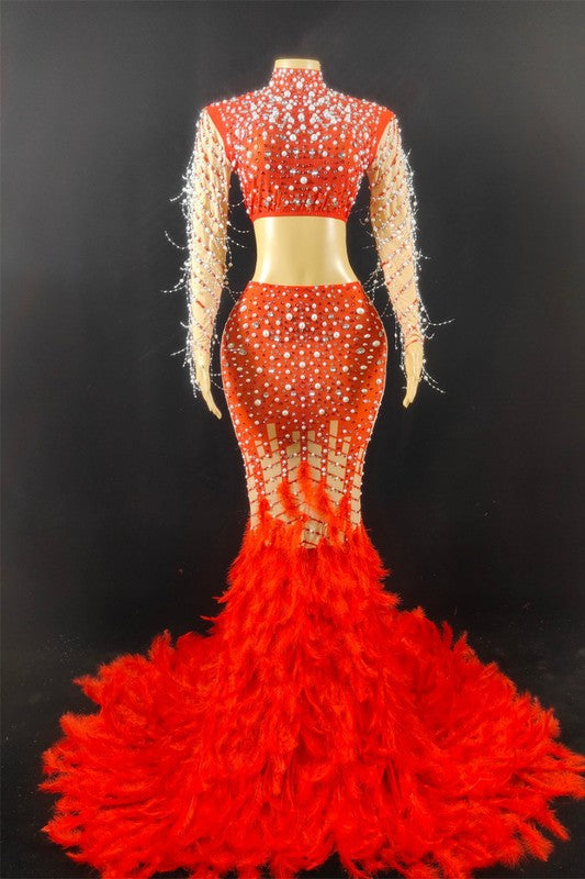 Sparkling Rhinestone Feather Evening Gown