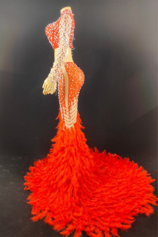 Sparkling Rhinestone Feather Evening Gown