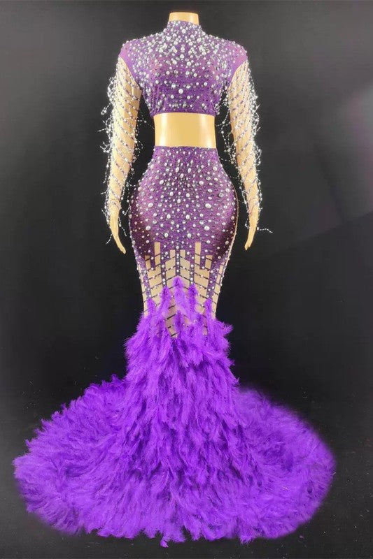 Sparkling Rhinestone Feather Evening Gown