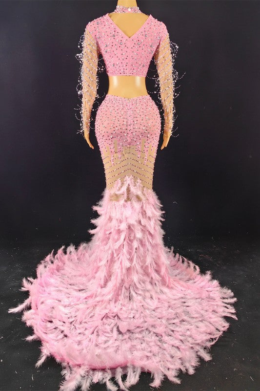 Sparkling Rhinestone Feather Evening Gown