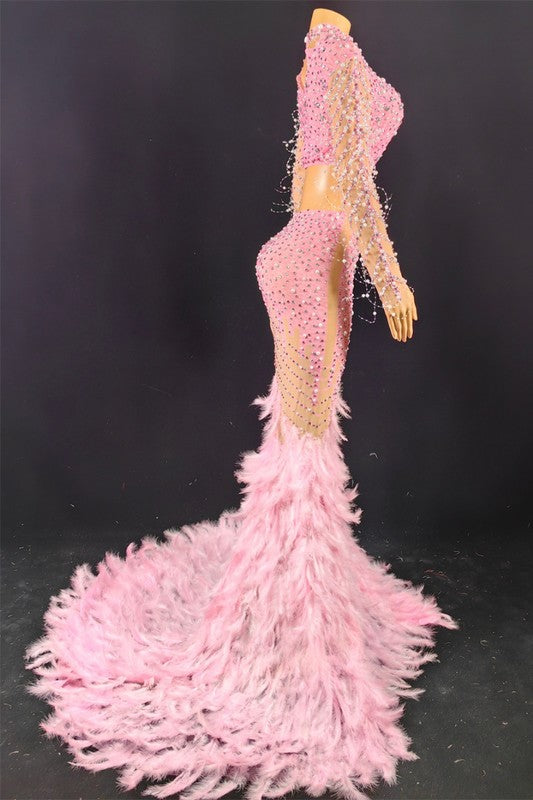 Sparkling Rhinestone Feather Evening Gown
