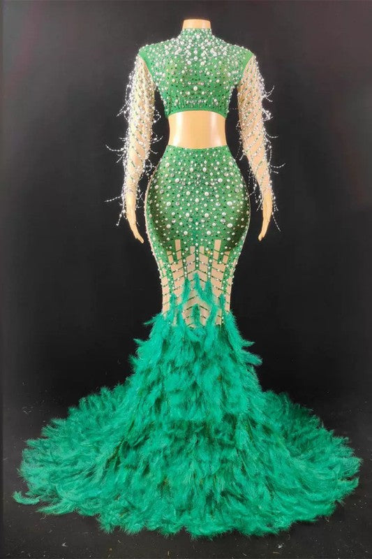 Sparkling Rhinestone Feather Evening Gown