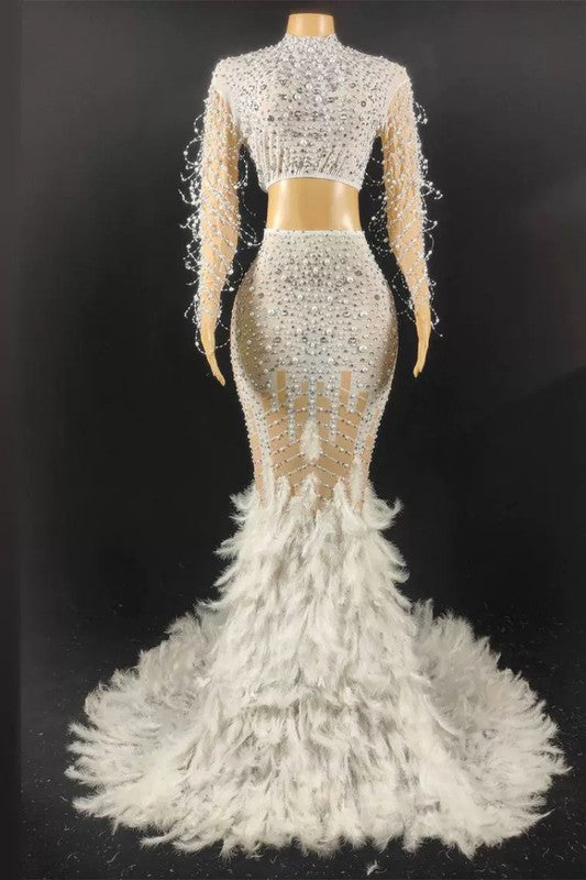 Sparkling Rhinestone Feather Evening Gown