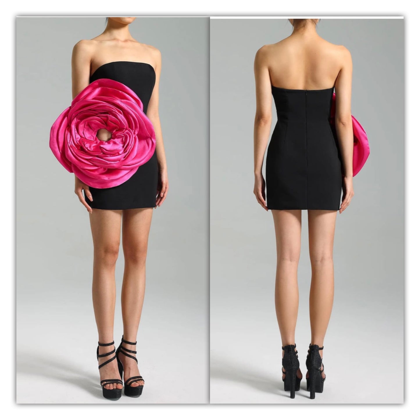 Black mini dress, pink rose petal