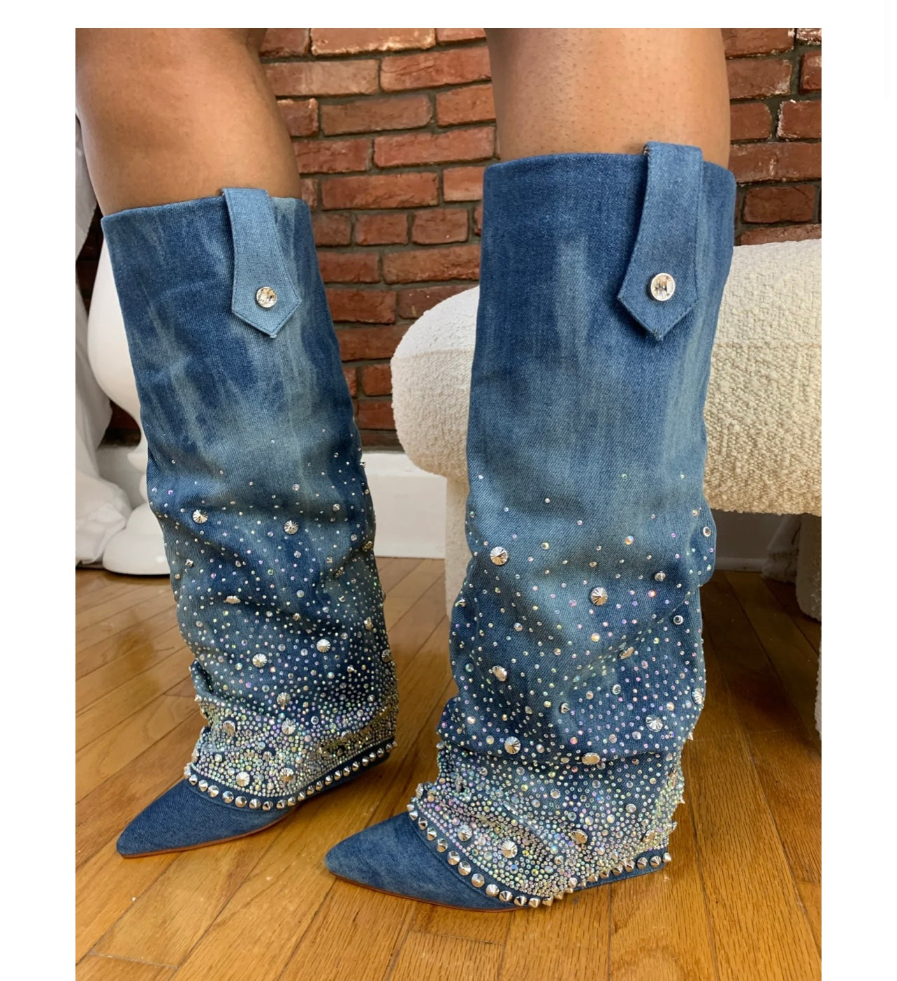 DENIM RHINESTONE BOOTS