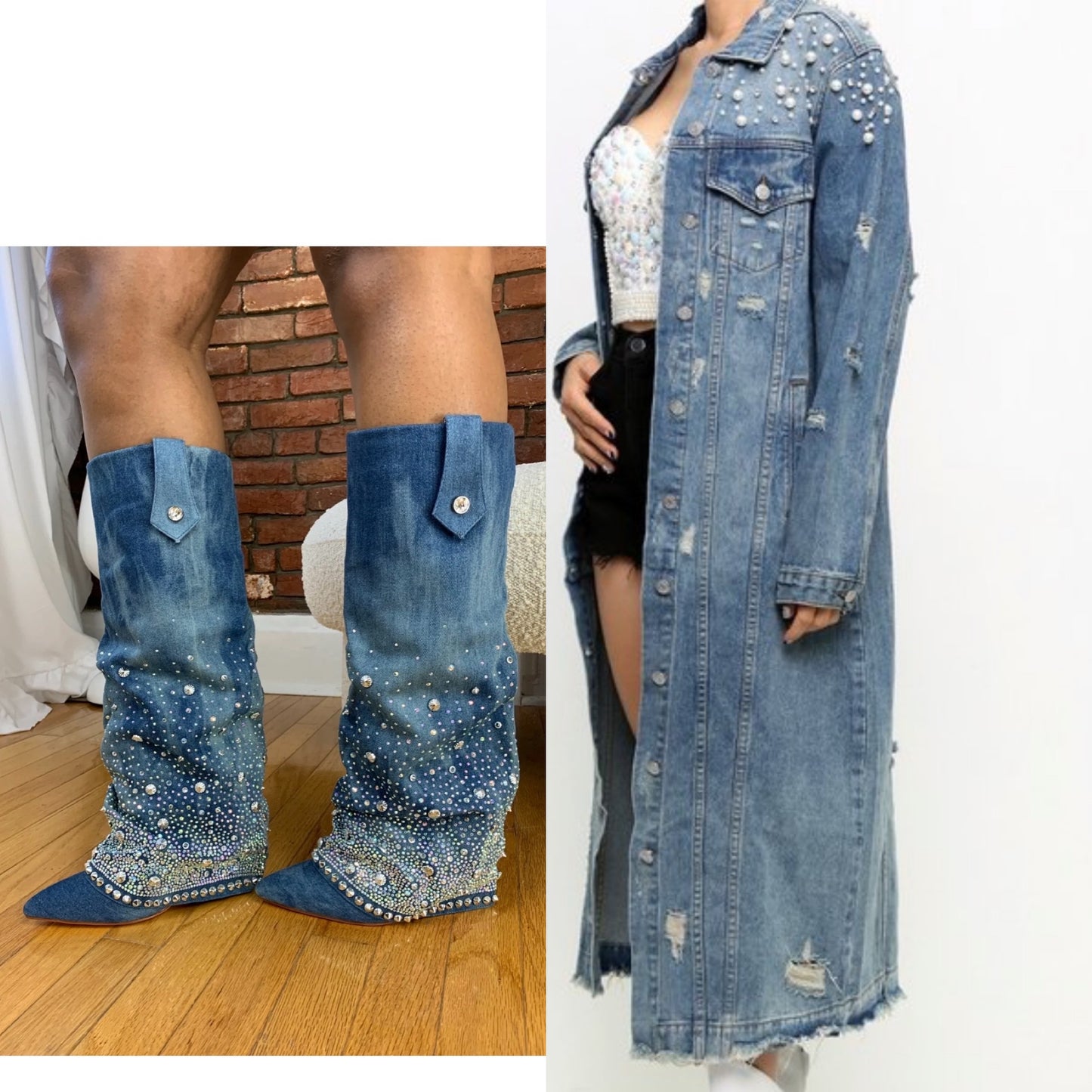 DENIM RHINESTONE BOOTS