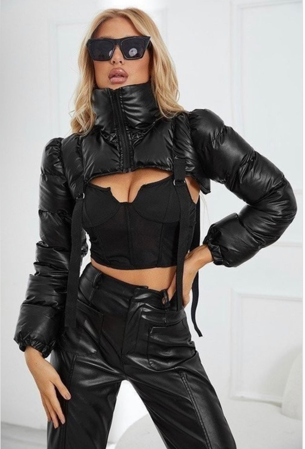 zippered high collar Crop cotton jacket