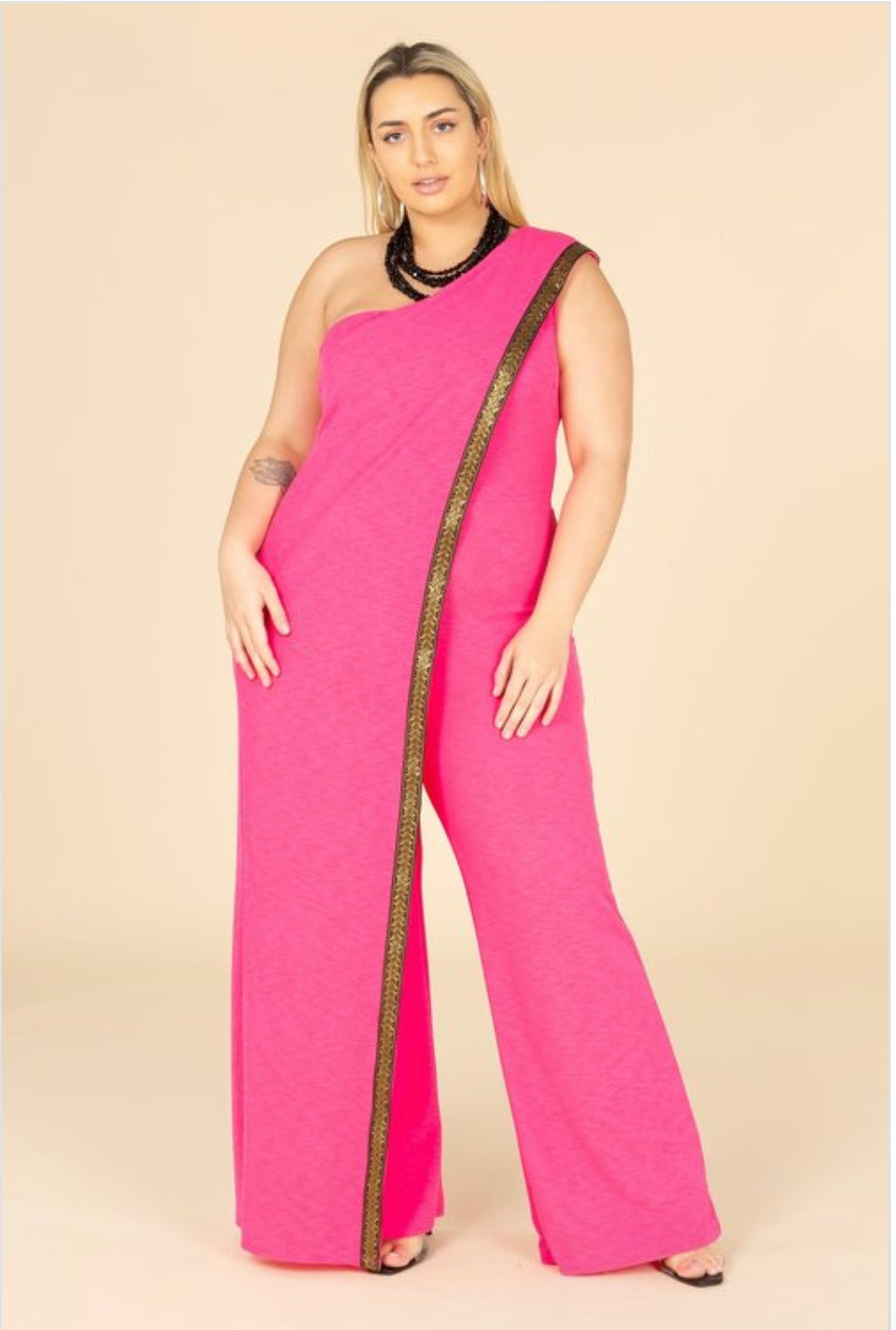 Gold trim pink jumpsuit