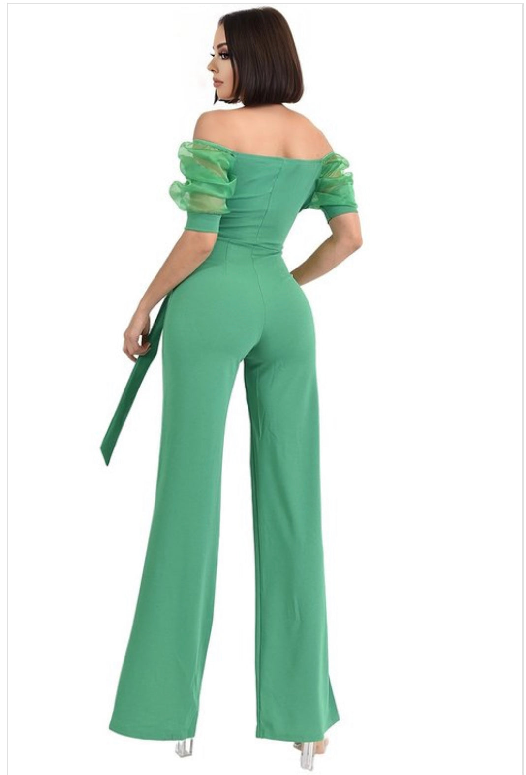 SOLID MESH SLEEVE BELTED JUMPSUIT