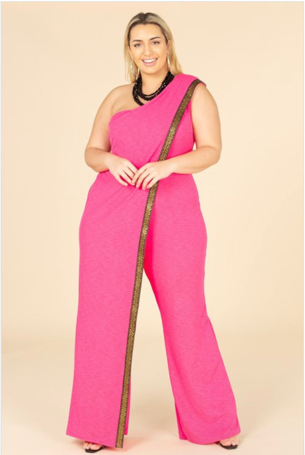 Gold trim pink jumpsuit