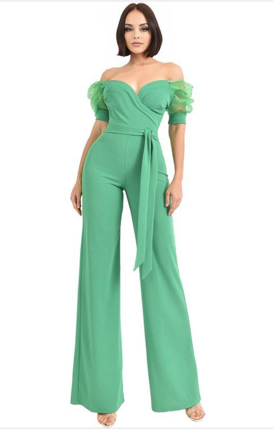 SOLID MESH SLEEVE BELTED JUMPSUIT