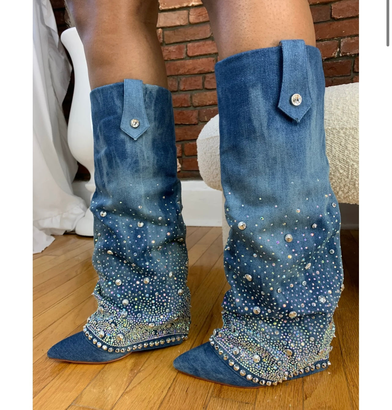 DENIM RHINESTONE BOOTS