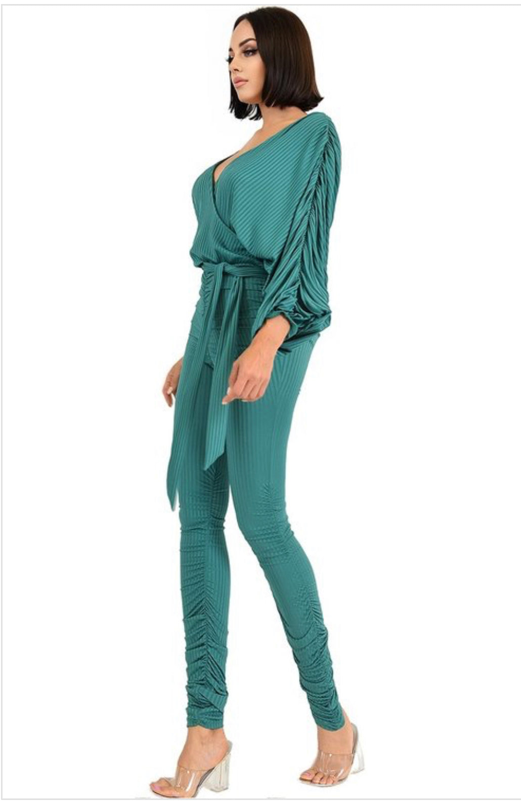 SOLID WAIST TIE RELAXED SLEEVE JUMPSUIT