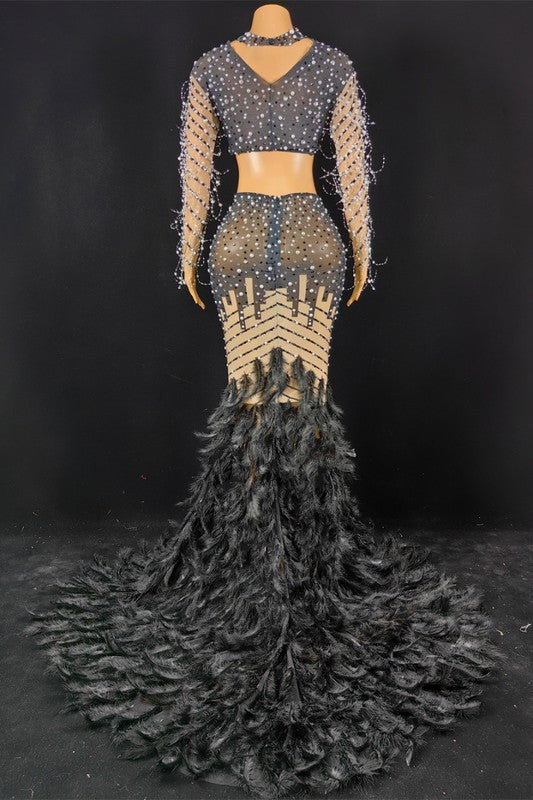 Sparkling Rhinestone Feather Evening Gown