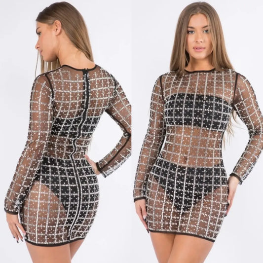 Rhinestone mesh black dress