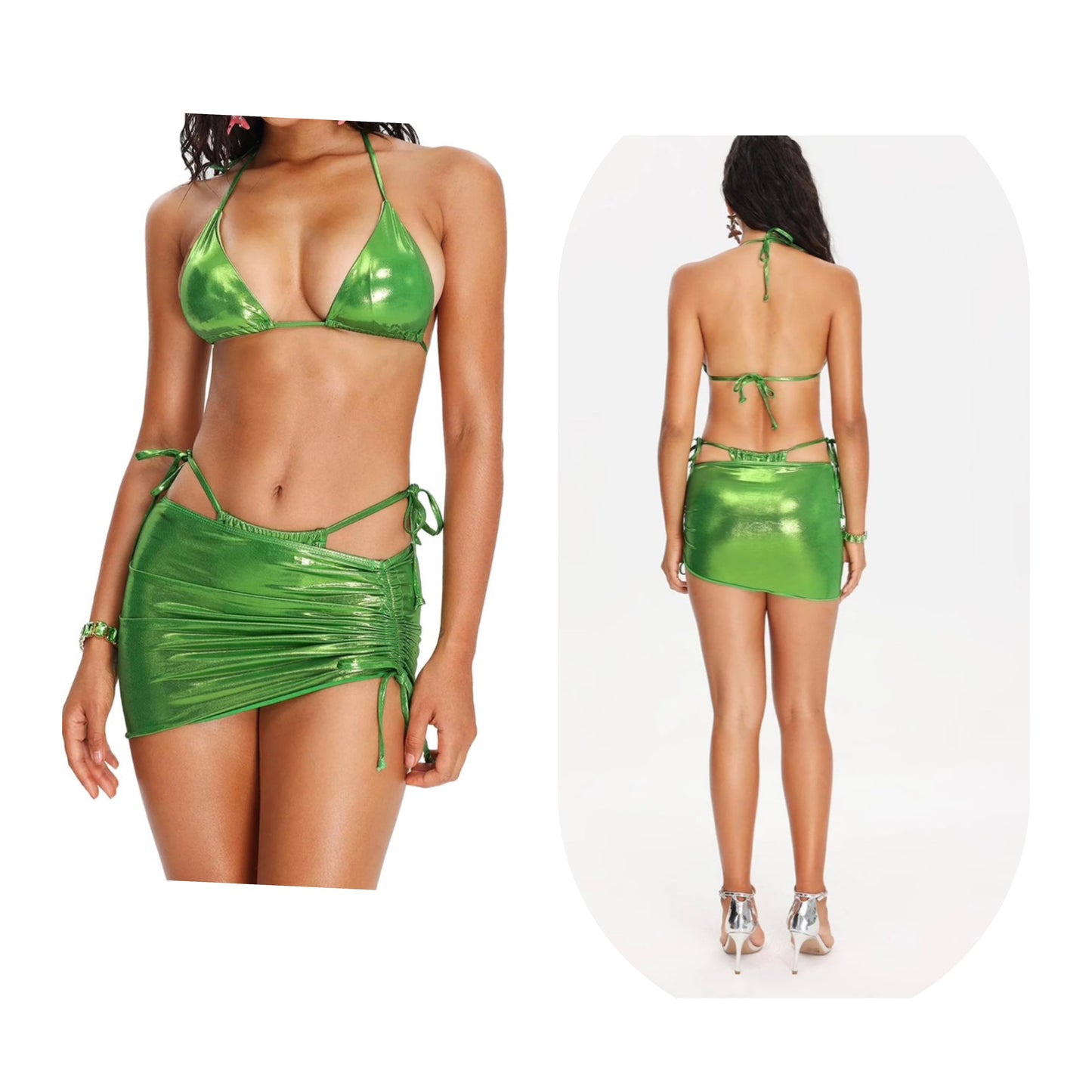 3 piece green string high waisted bikini