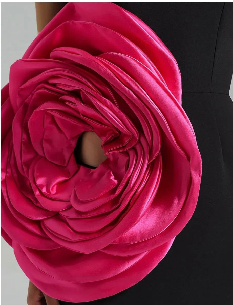 Black mini dress, pink rose petal