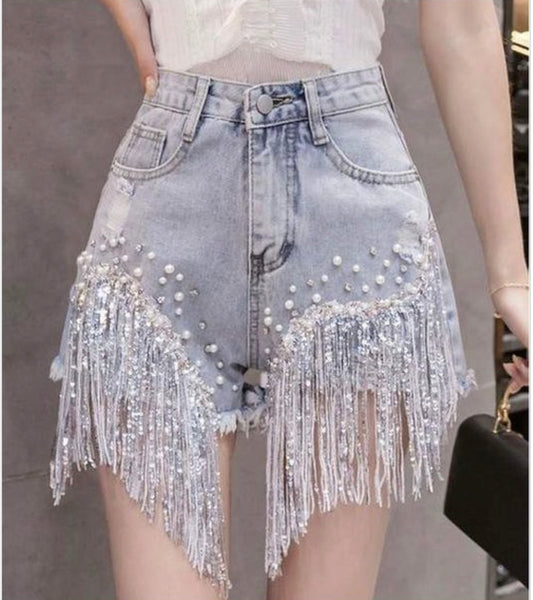 Sequined Tassel Denim Shorts