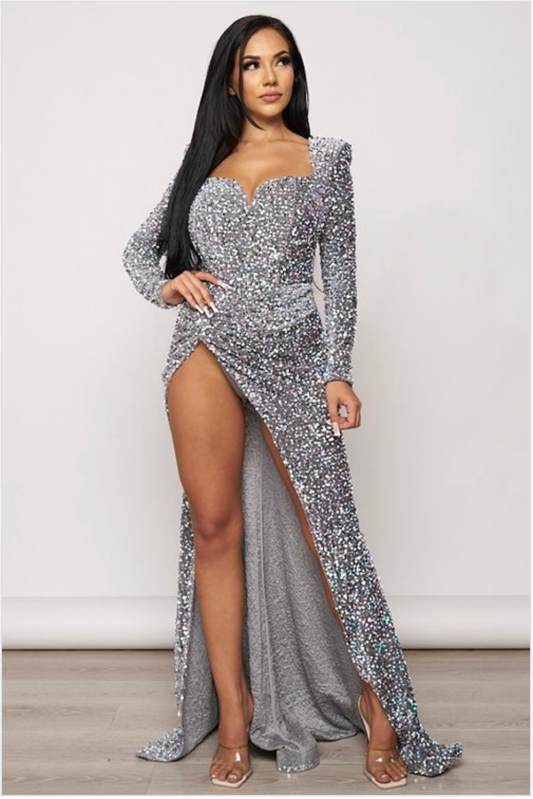 SEQUIN LONG SLEEVE MAXI DRESS