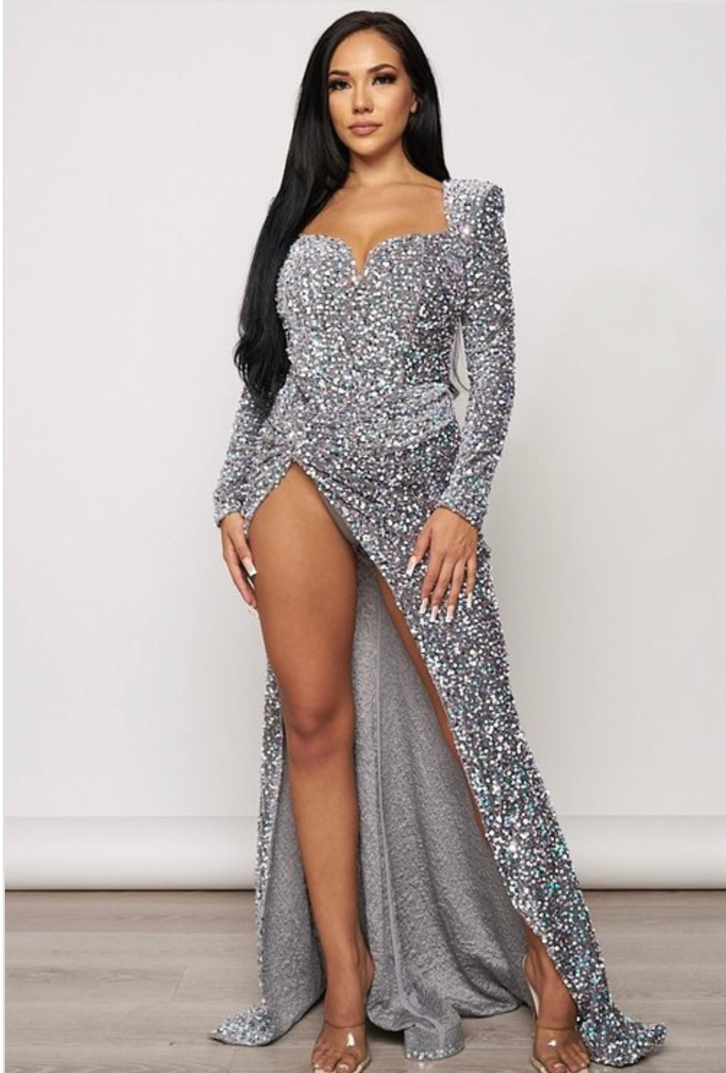 SEQUIN LONG SLEEVE MAXI DRESS