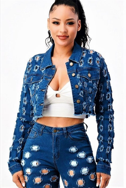 Denim cropped hole jacket